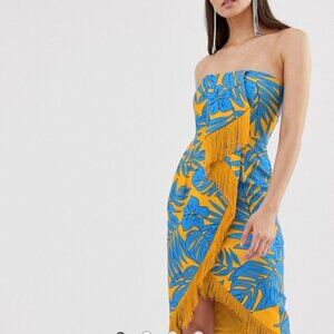 Lavish Alice palm print origami folded midi dress with fringe trim - sz 12